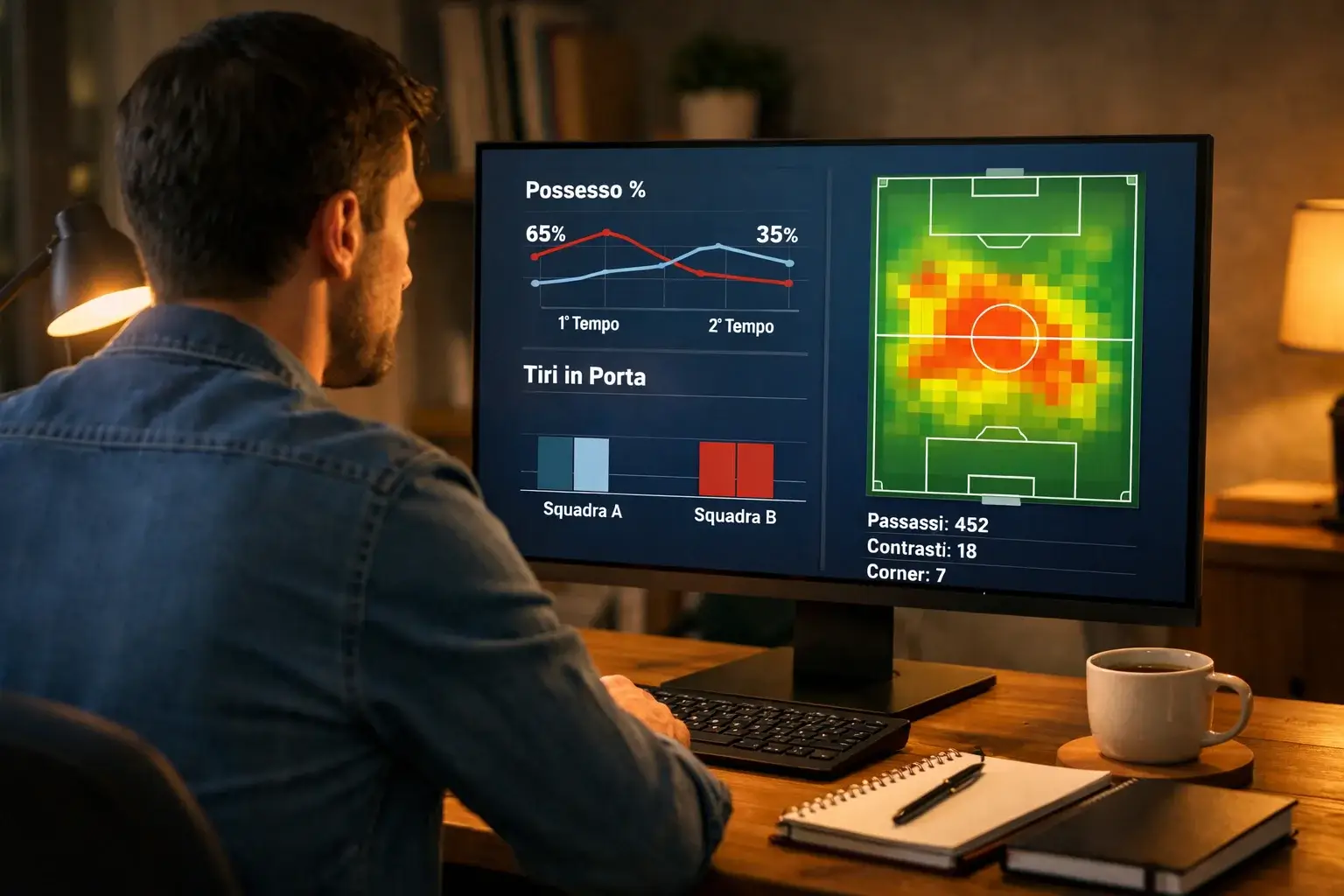 Analista sportivo studia statistiche di calcio su un monitor con grafici delle prestazioni delle squadre