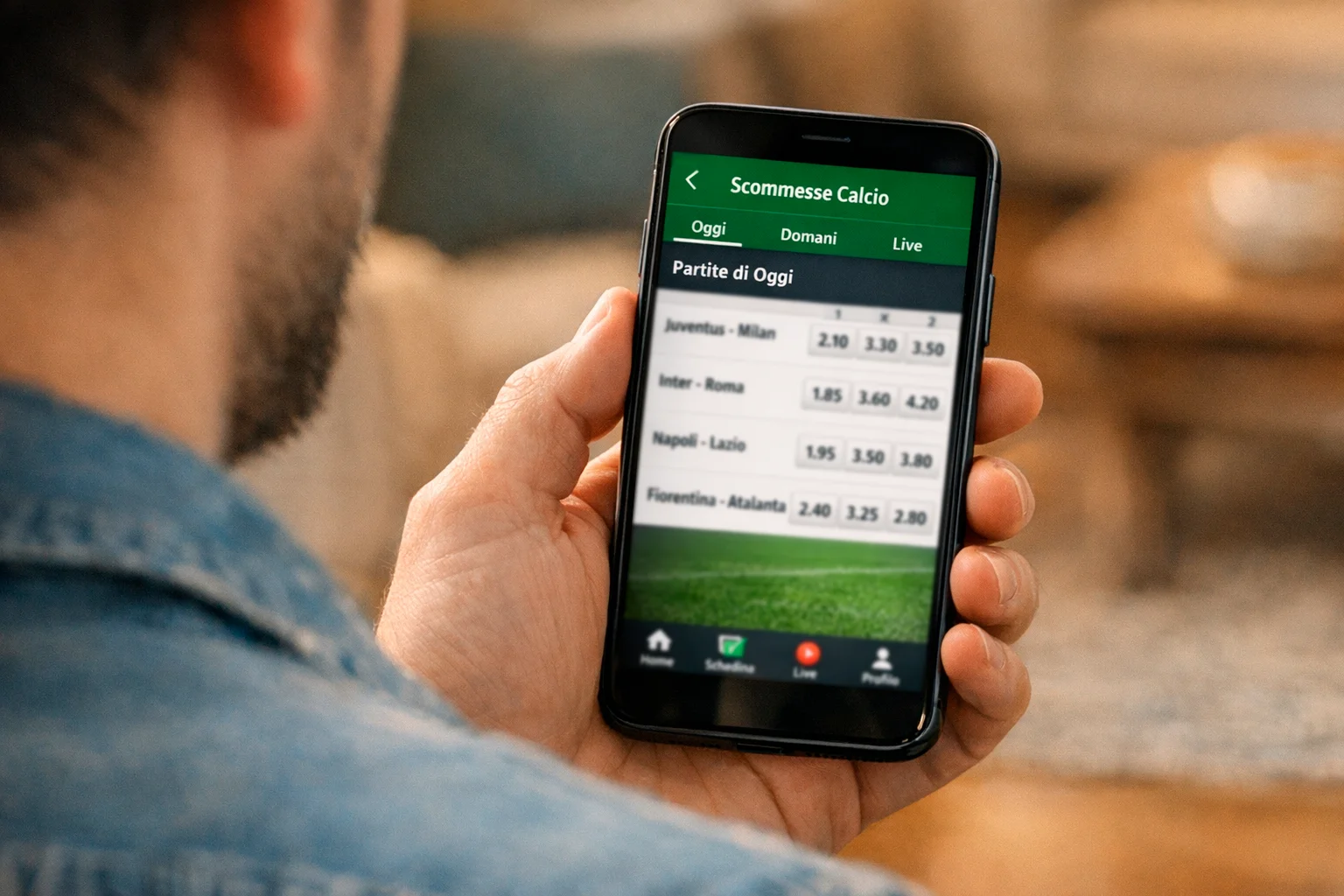 Mano che tiene smartphone con interfaccia app betting
