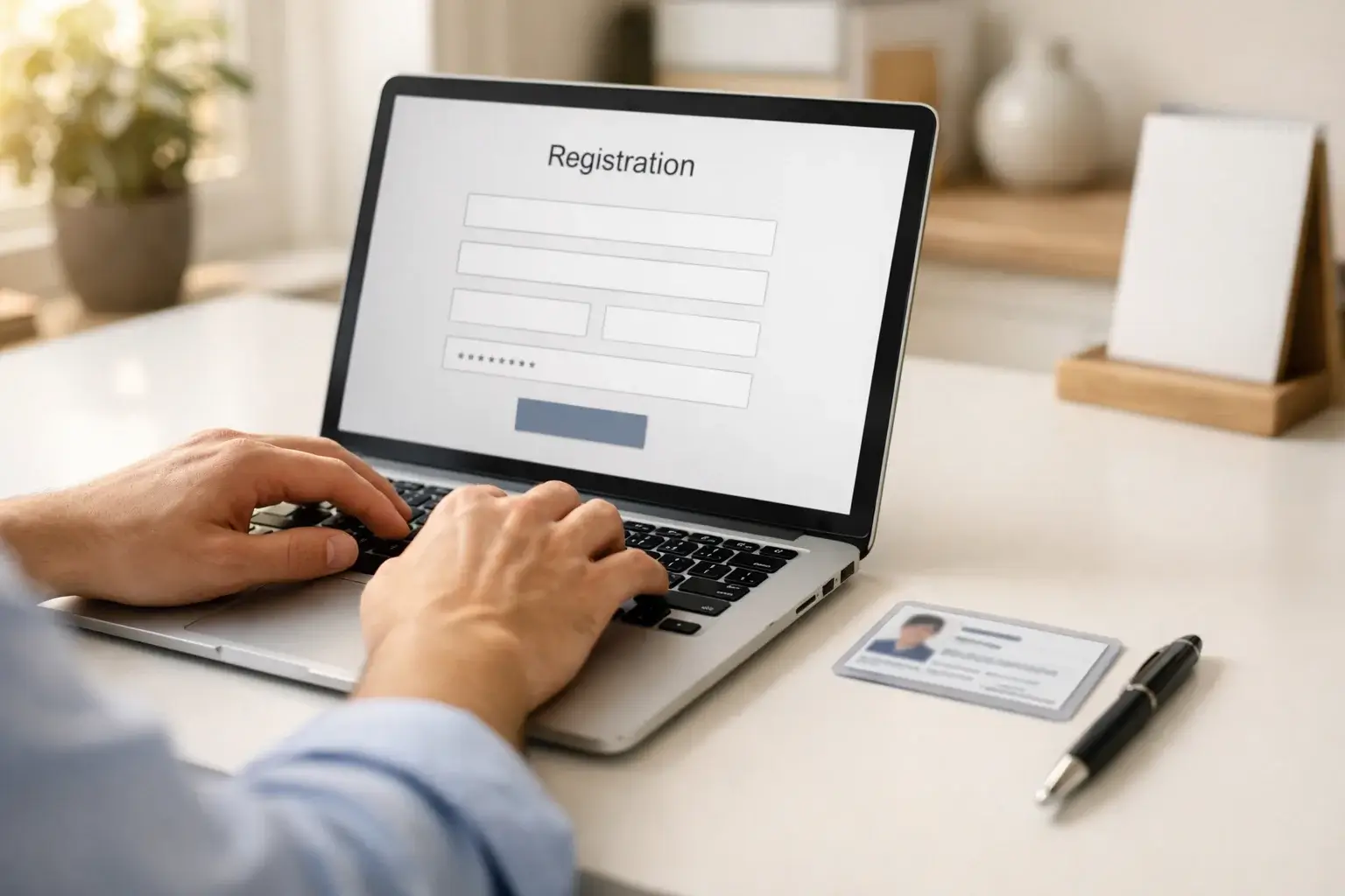 Persona compila un modulo di registrazione online su un laptop in un ambiente luminoso e ordinato