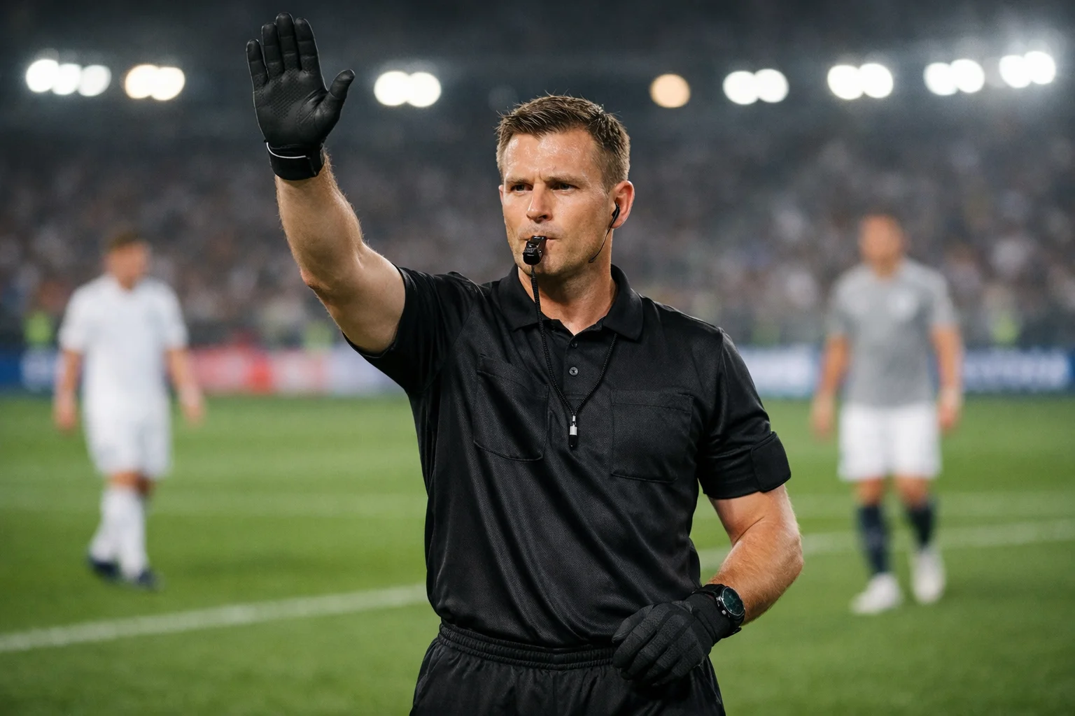 Arbitro di calcio che segnala una decisione durante la partita sul campo