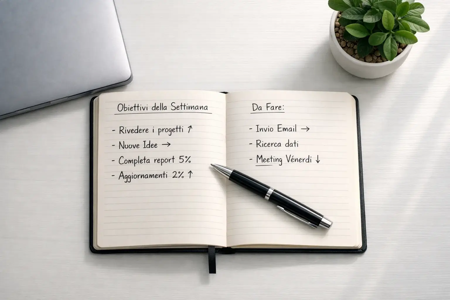 Quaderno aperto con appunti sulla gestione del budget e una penna su una scrivania ordinata