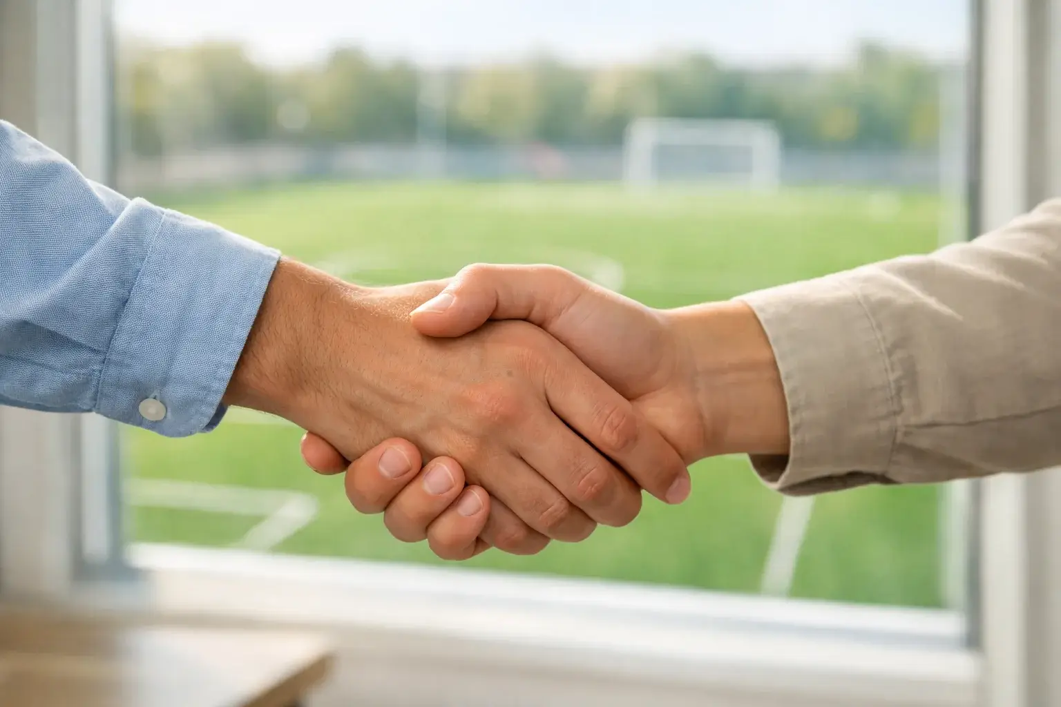 Due persone si stringono la mano davanti a un campo di calcio, simbolo dello scambio nel betting exchange