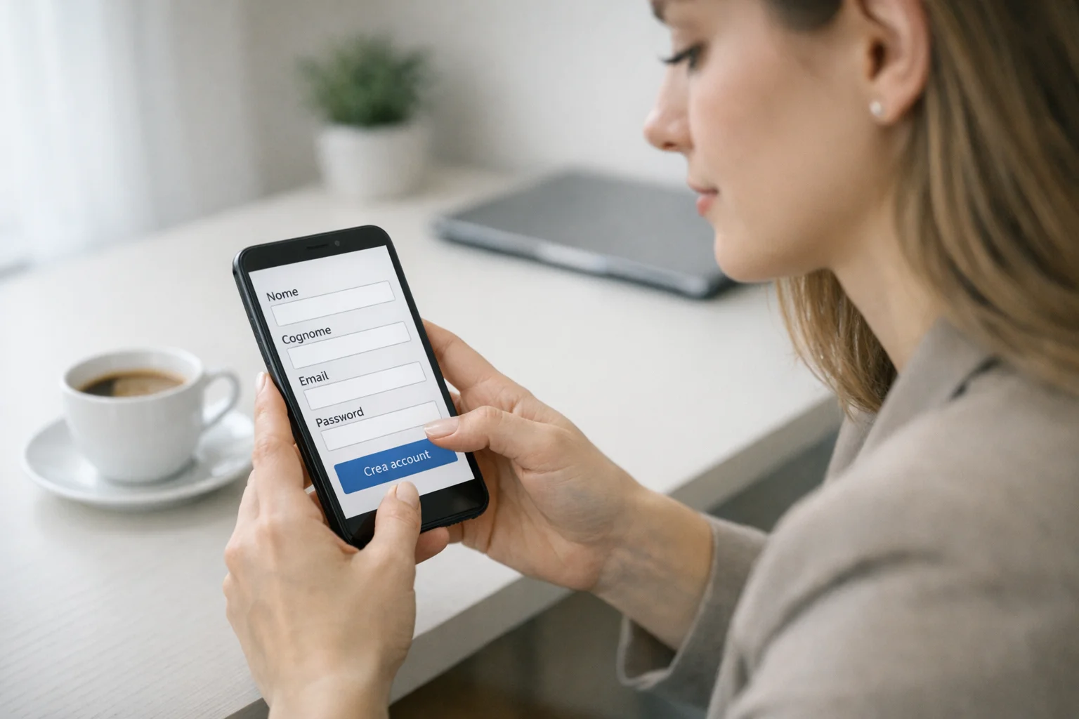 Persona che utilizza smartphone per effettuare una registrazione online