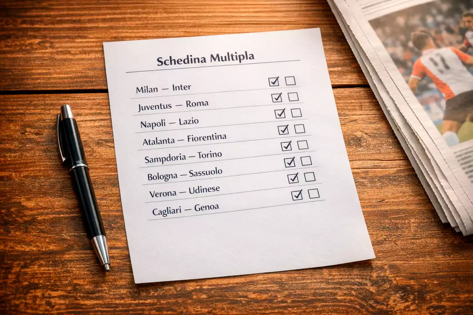 Schedina con più partite di calcio selezionate su un tavolo