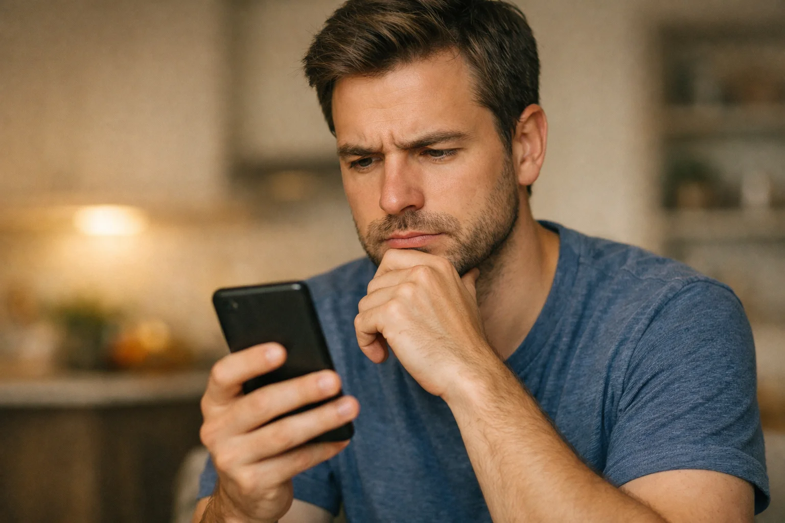 Persona pensierosa che riflette guardando lo schermo del telefono