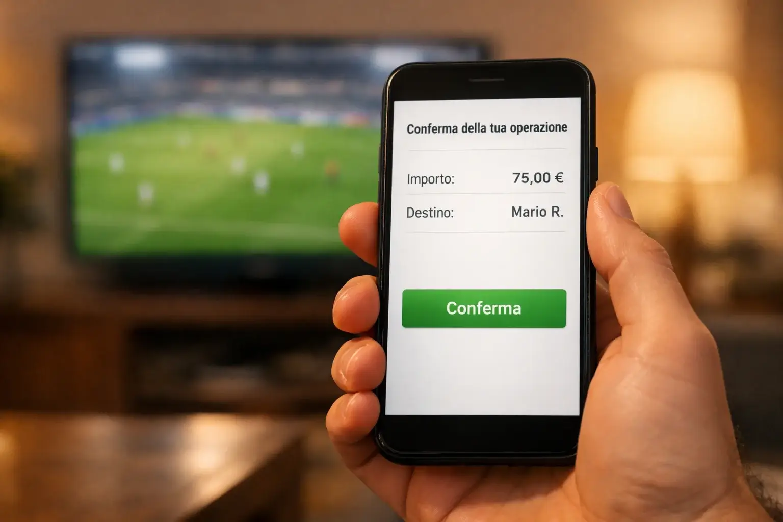 Mano che tiene uno smartphone con schermata di scommessa sportiva durante una partita di calcio in corso