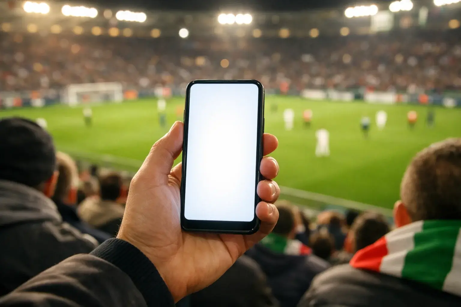 Mano che tiene uno smartphone con una partita di calcio visibile sullo sfondo dello stadio
