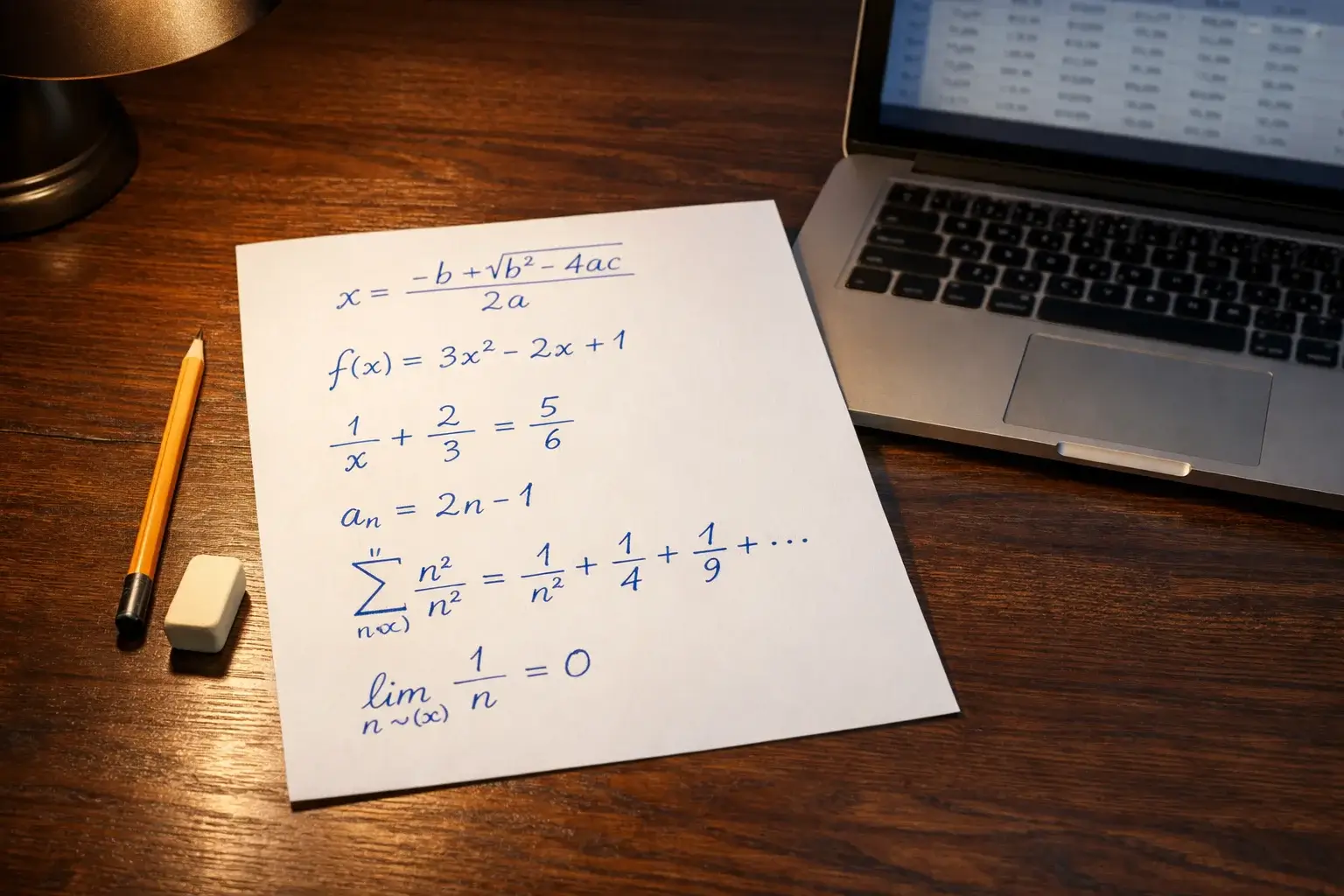 Foglio con formule matematiche scritte a mano accanto a un laptop su una scrivania