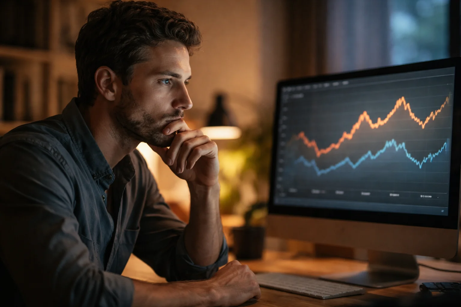 Persona pensierosa davanti a schermo con grafici