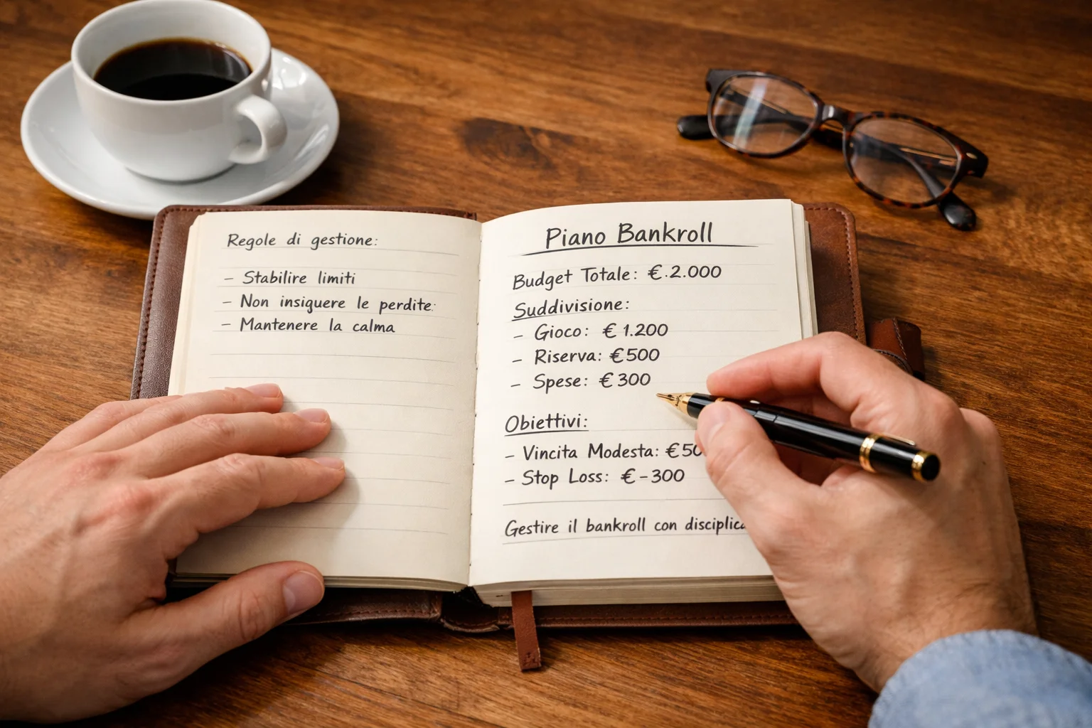 Persona che pianifica budget con blocco note e penna