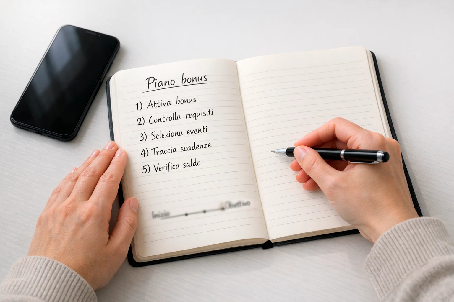 Persona che pianifica annotando su un blocco note con penna