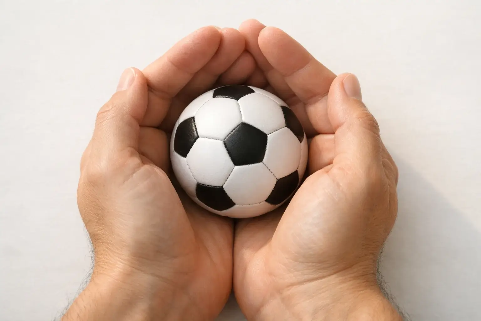Mani che proteggono un piccolo pallone da calcio, simbolo del gioco responsabile e della tutela personale