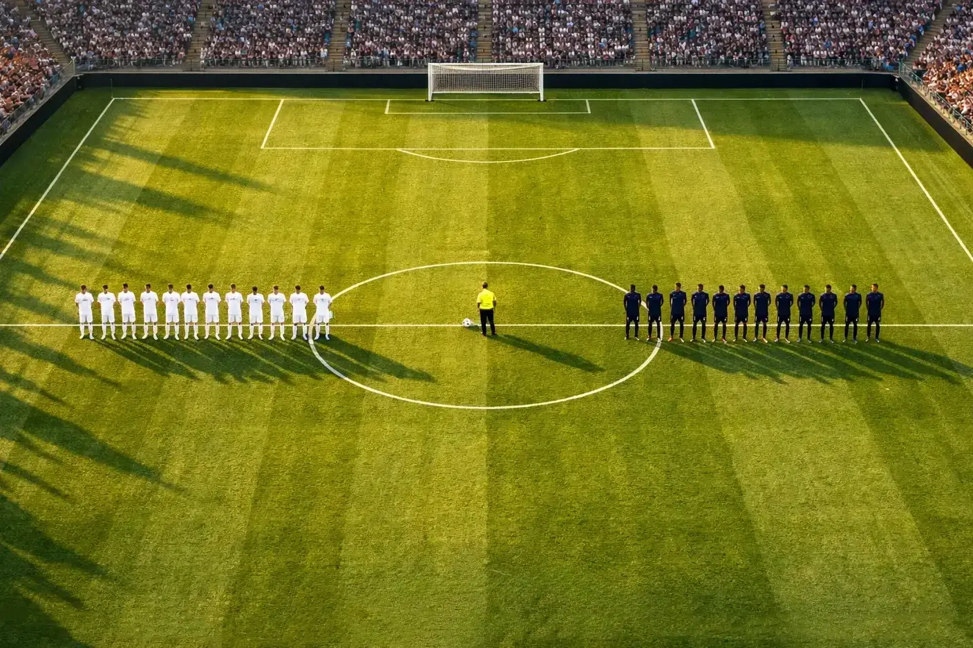 Veduta dall'alto di un campo da calcio con le squadre schierate prima del fischio d'inizio