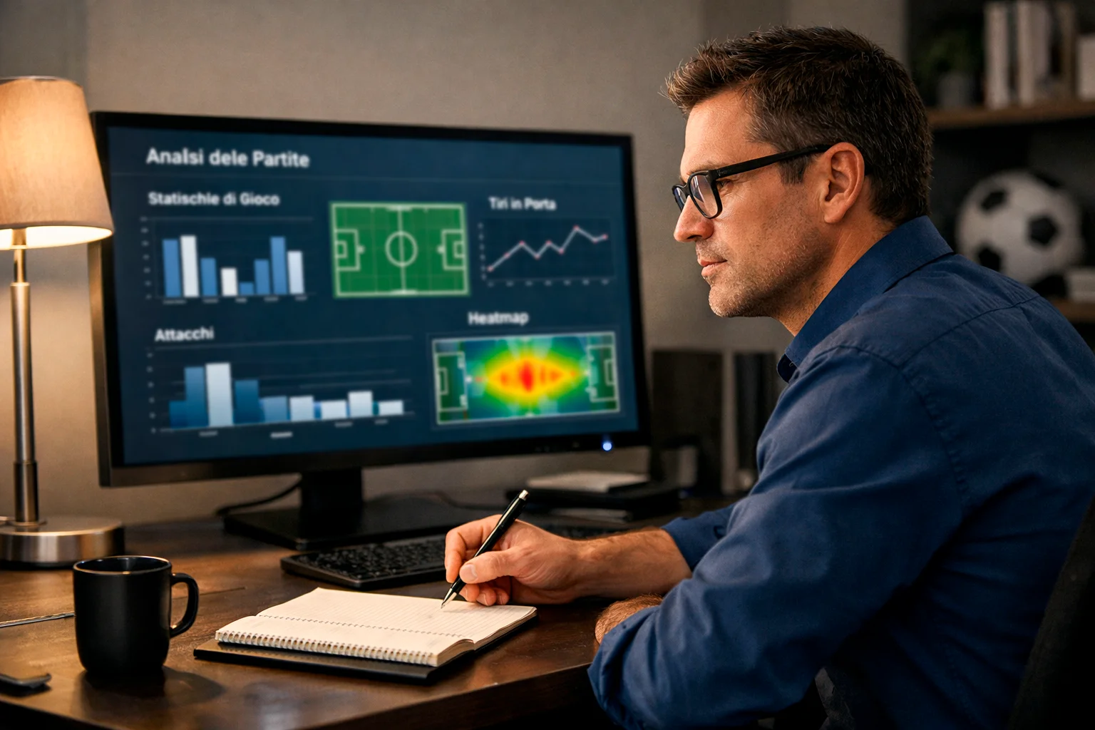 Analista sportivo che studia statistiche di calcio