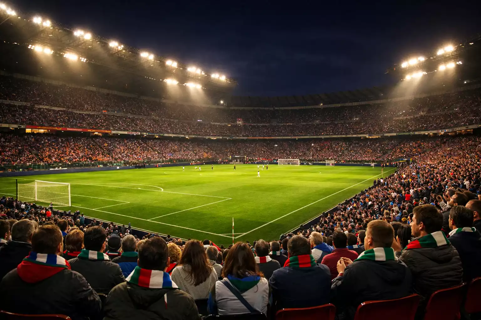 Stadio di calcio illuminato durante una partita serale con atmosfera vibrante