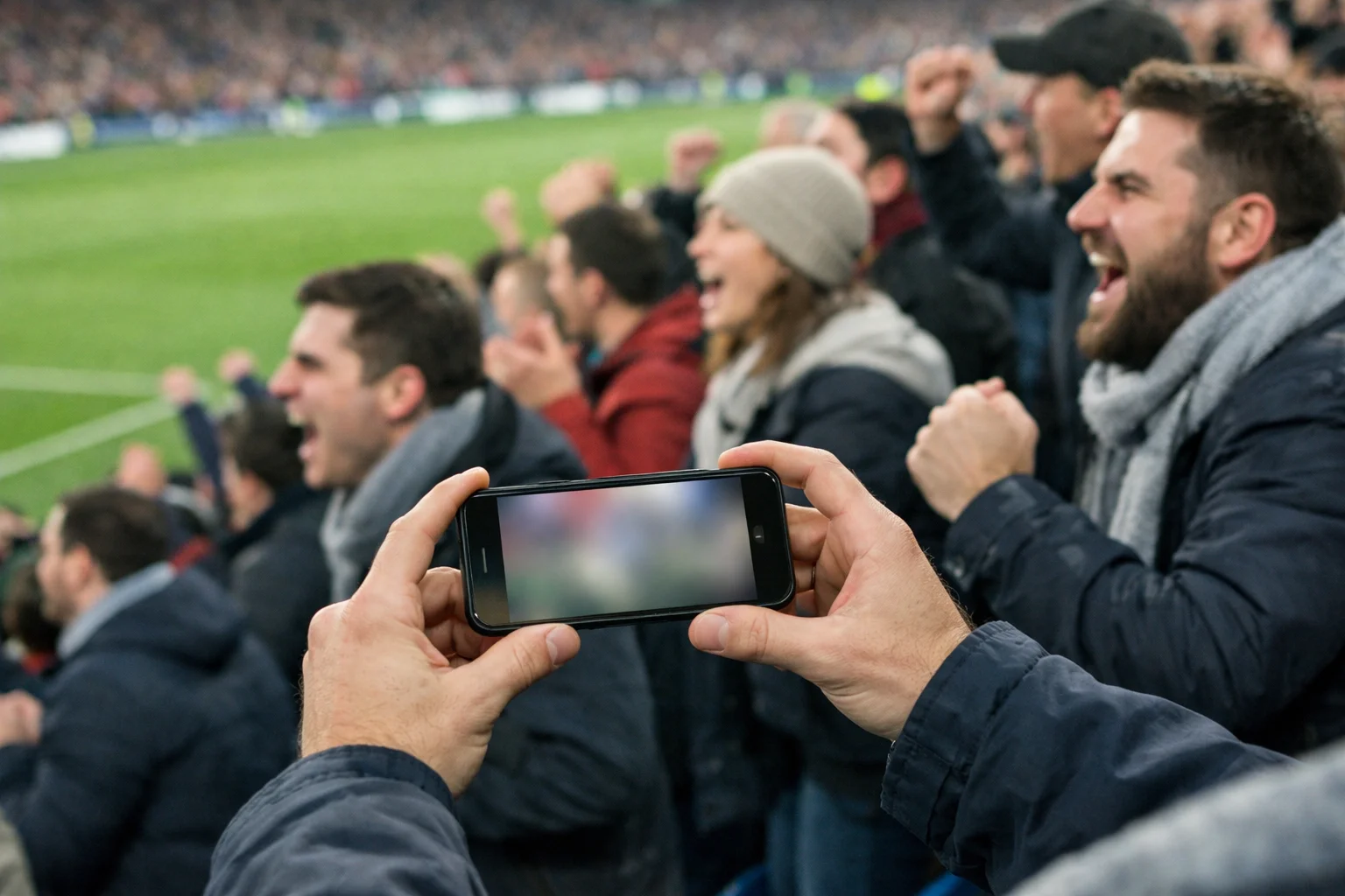 Tifosi allo stadio che guardano una partita di calcio con smartphone in mano