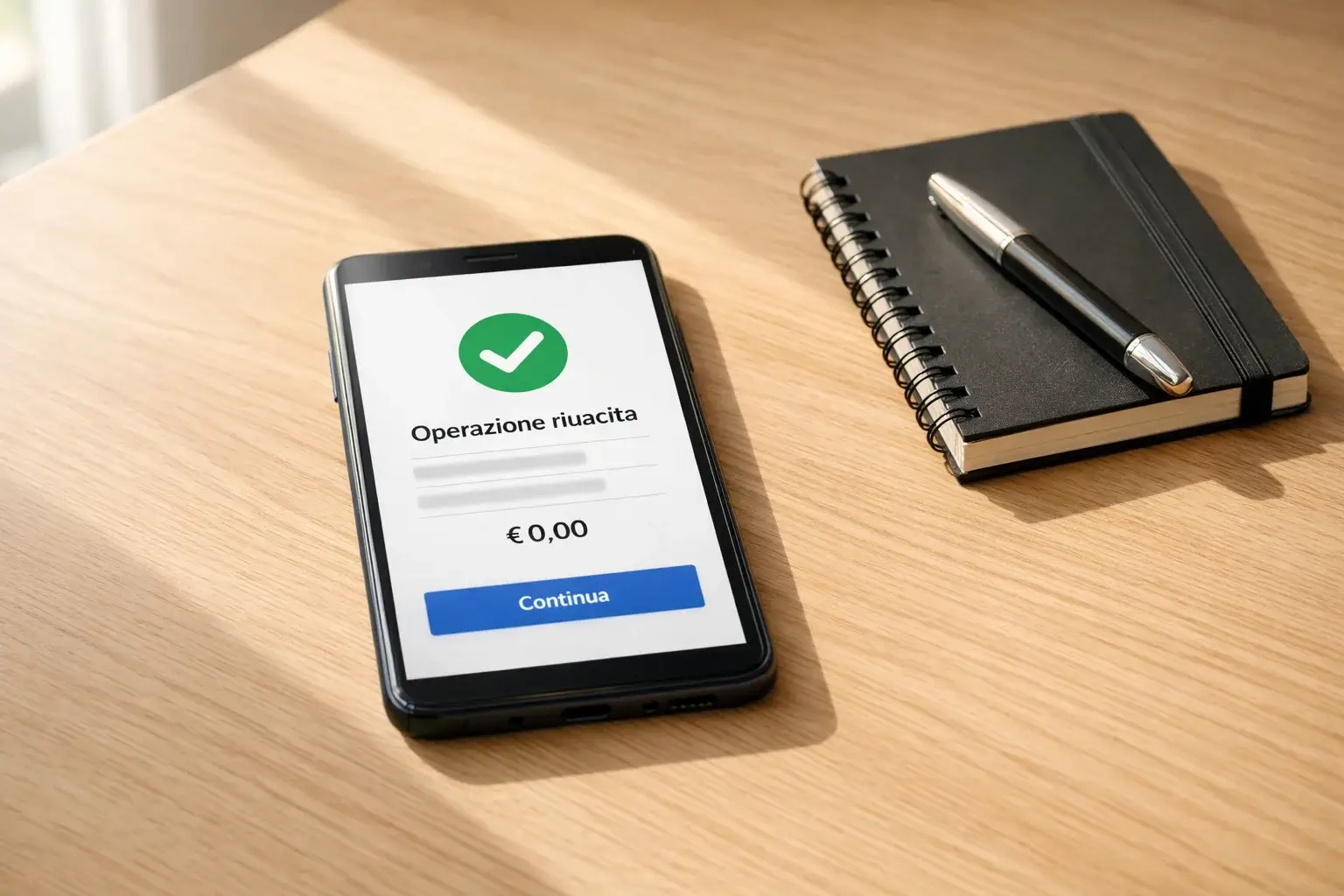 Smartphone con icone di metodi di pagamento digitali su una scrivania ordinata con luce naturale