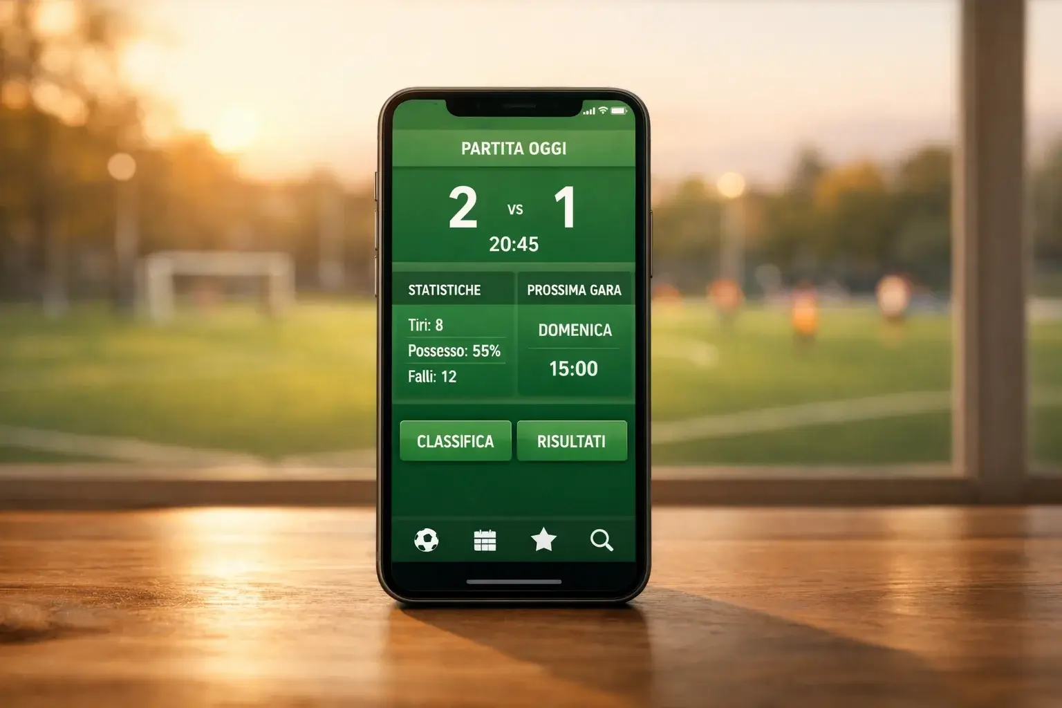 Smartphone moderno con schermata di scommesse sportive su un tavolo accanto a un campo di calcio sfocato