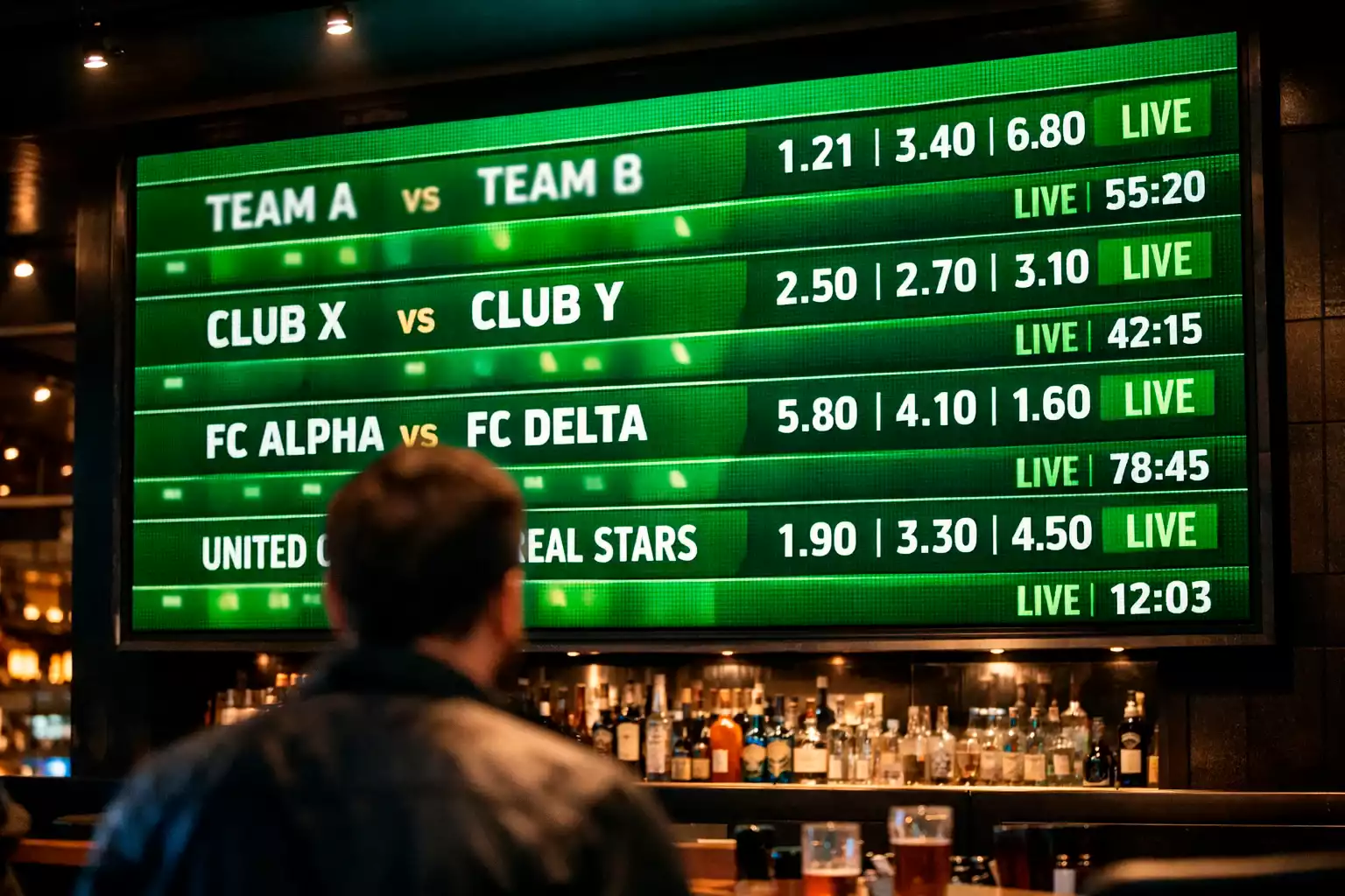 Schermo con quote e risultati di partite di calcio in tempo reale