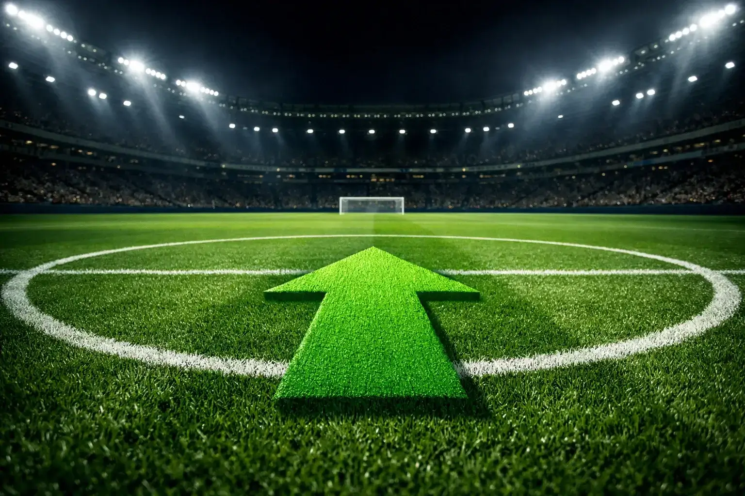 Freccia verde che punta verso l'alto sovrapposta a un campo di calcio illuminato, simbolo delle quote maggiorate