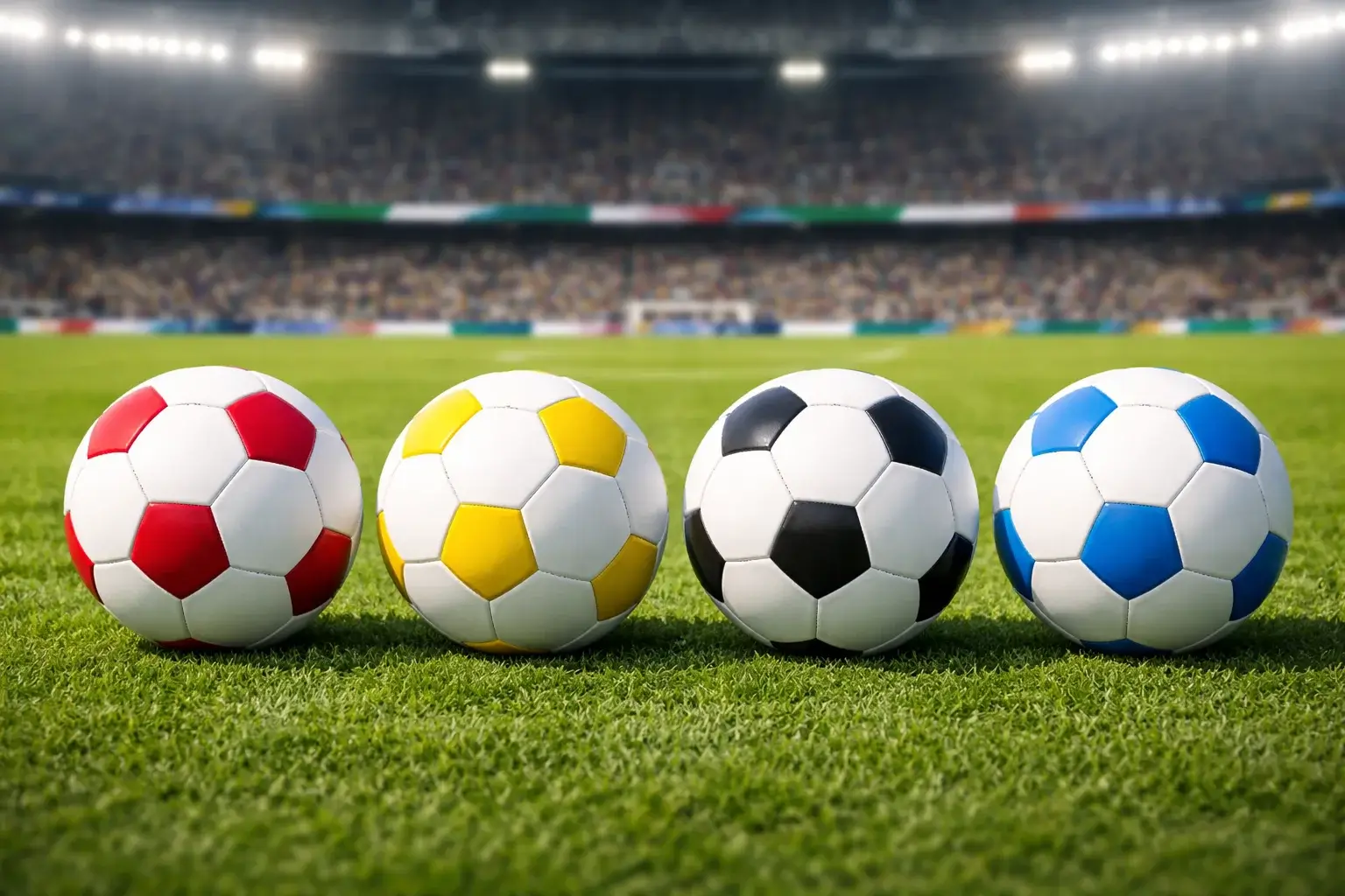 Quattro palloni da calcio con colori diversi su un prato verde che rappresentano i campionati europei