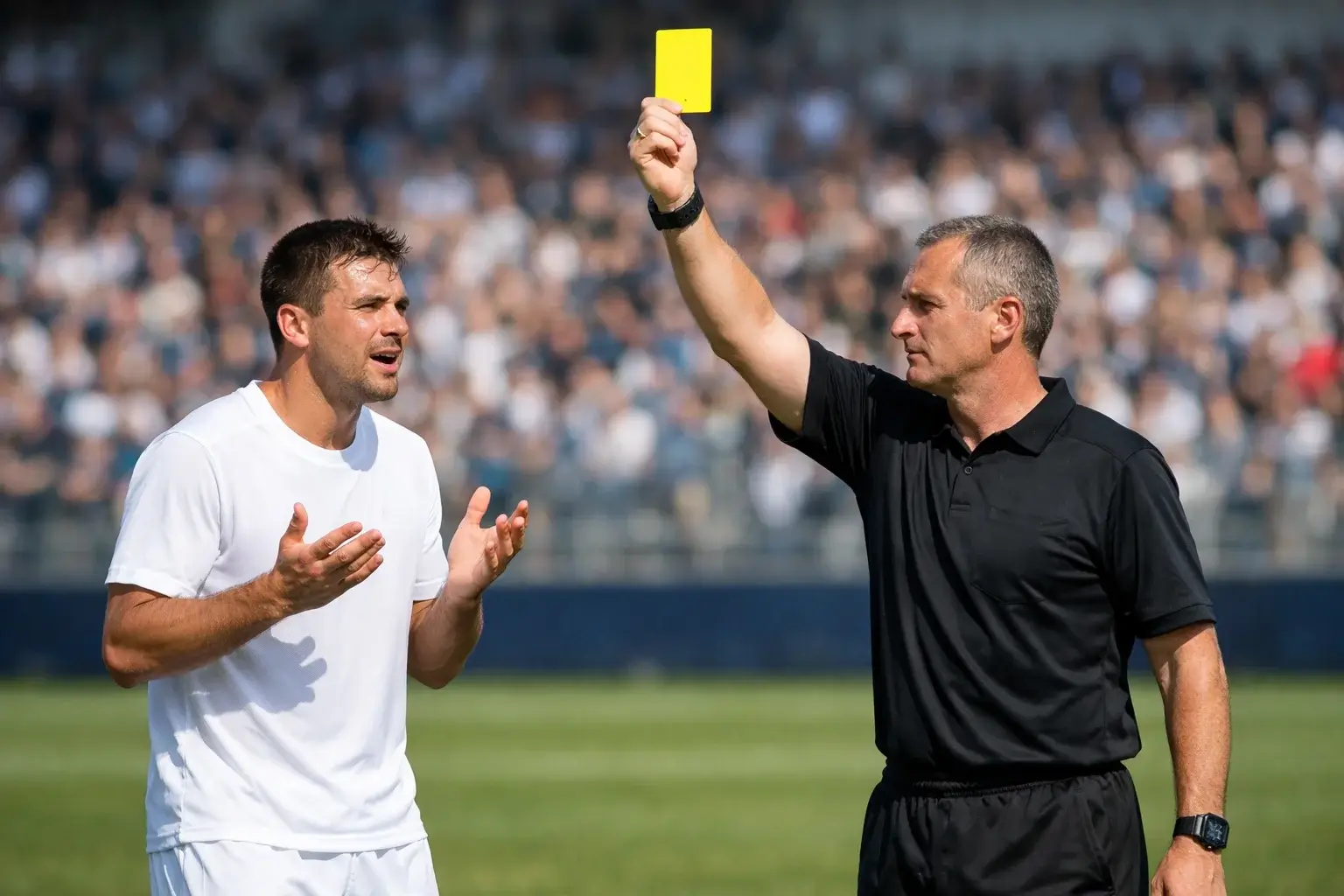 Arbitro di calcio che mostra un cartellino giallo a un giocatore durante una partita