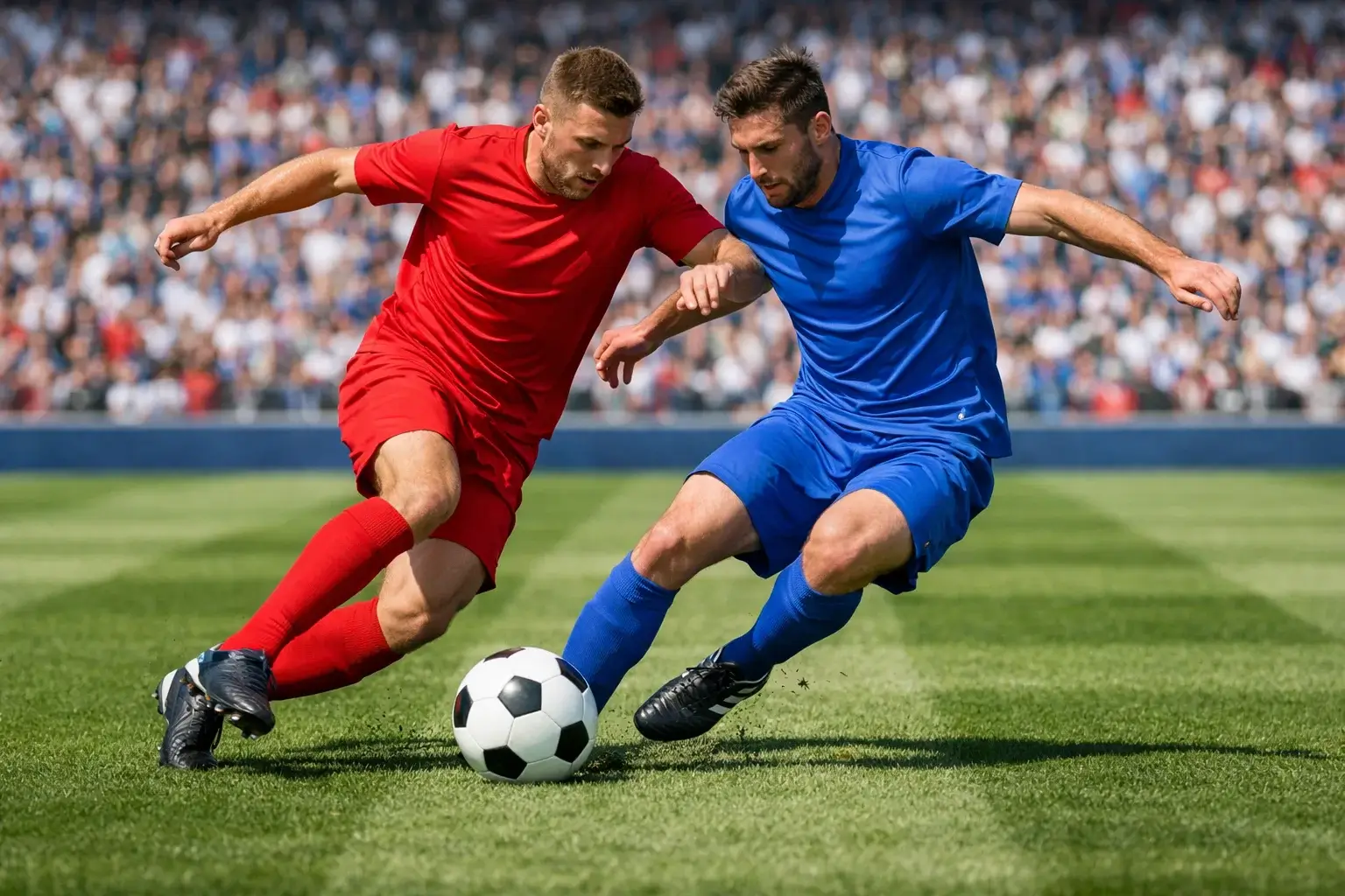 Due squadre di calcio in azione durante un contrasto a centrocampo su un campo in erba
