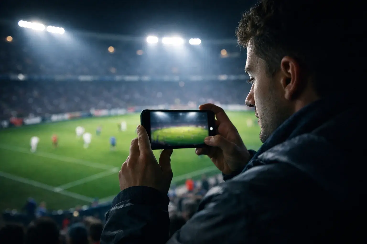 Tifoso segue una partita di calcio in diretta sullo smartphone mentre guarda il campo da uno stadio illuminato