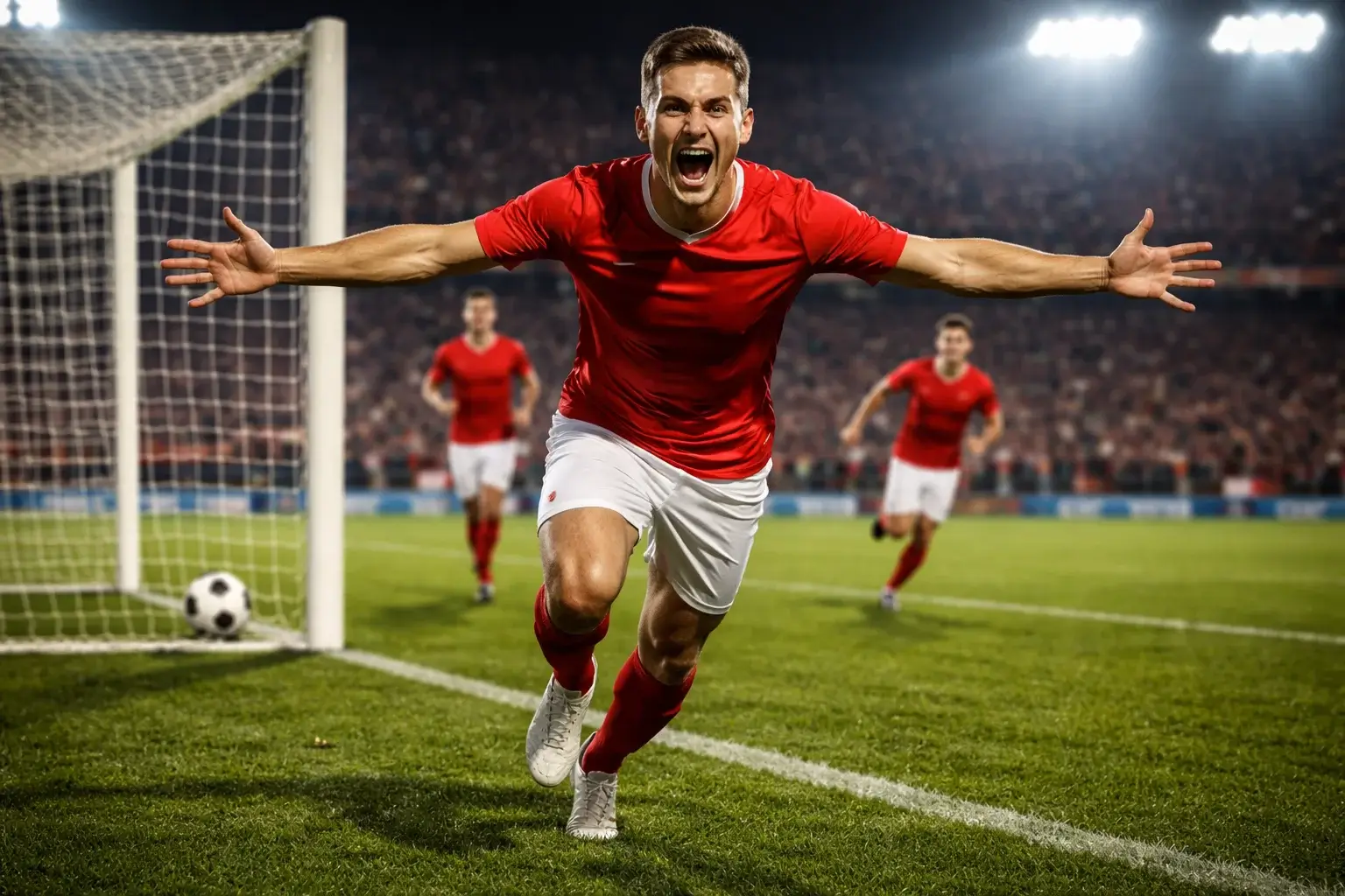 Attaccante di calcio che esulta dopo aver segnato un gol sotto i riflettori dello stadio