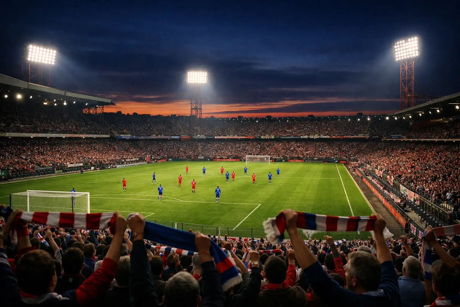 Stadio italiano di Serie A pieno di tifosi durante una partita serale sotto i riflettori