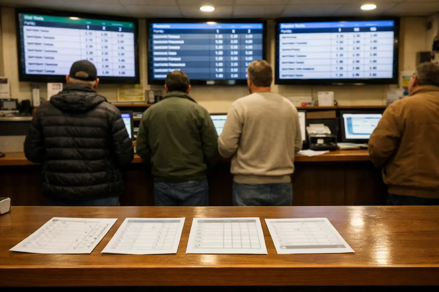 Ricevitoria scommesse con schedine e schermi che mostrano quote di partite di calcio