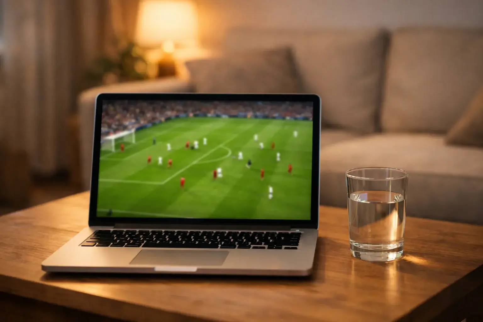 Partita di calcio in streaming su un laptop in un salotto moderno con illuminazione soffusa