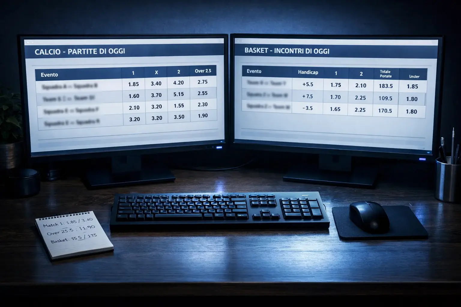 Due schermi di computer affiancati che mostrano dati di quote sportive su una scrivania