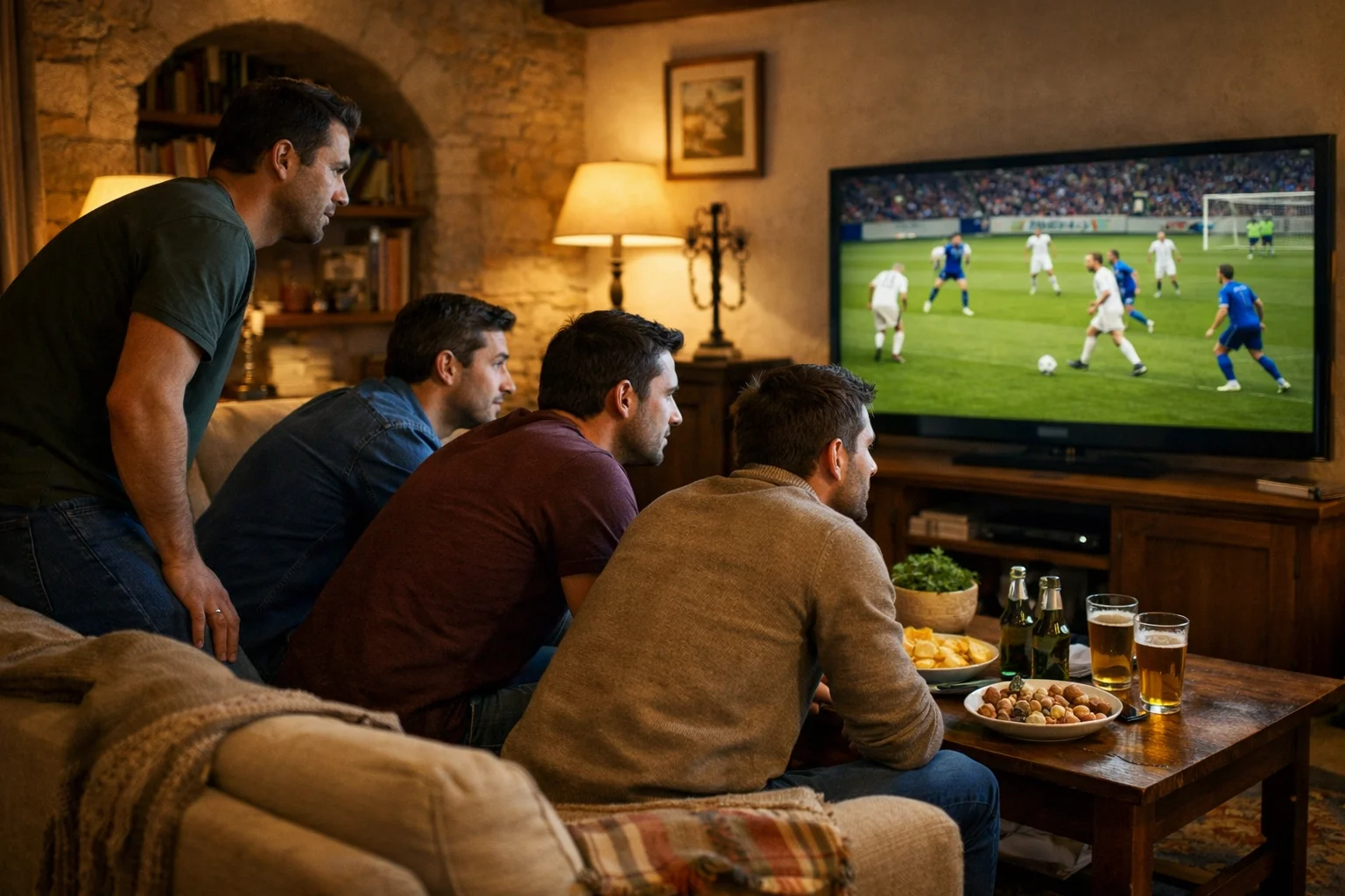 Gruppo di amici concentrati guardando una partita di calcio in televisione