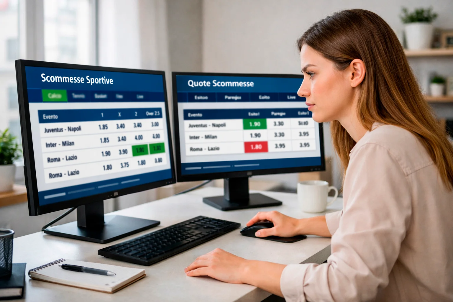 Professionista che confronta quote su diversi schermi