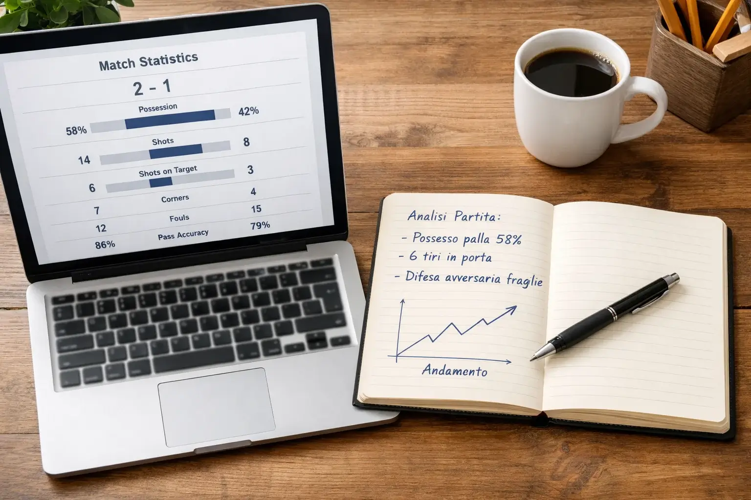 Persona che analizza statistiche di calcio su un notebook con appunti e grafici