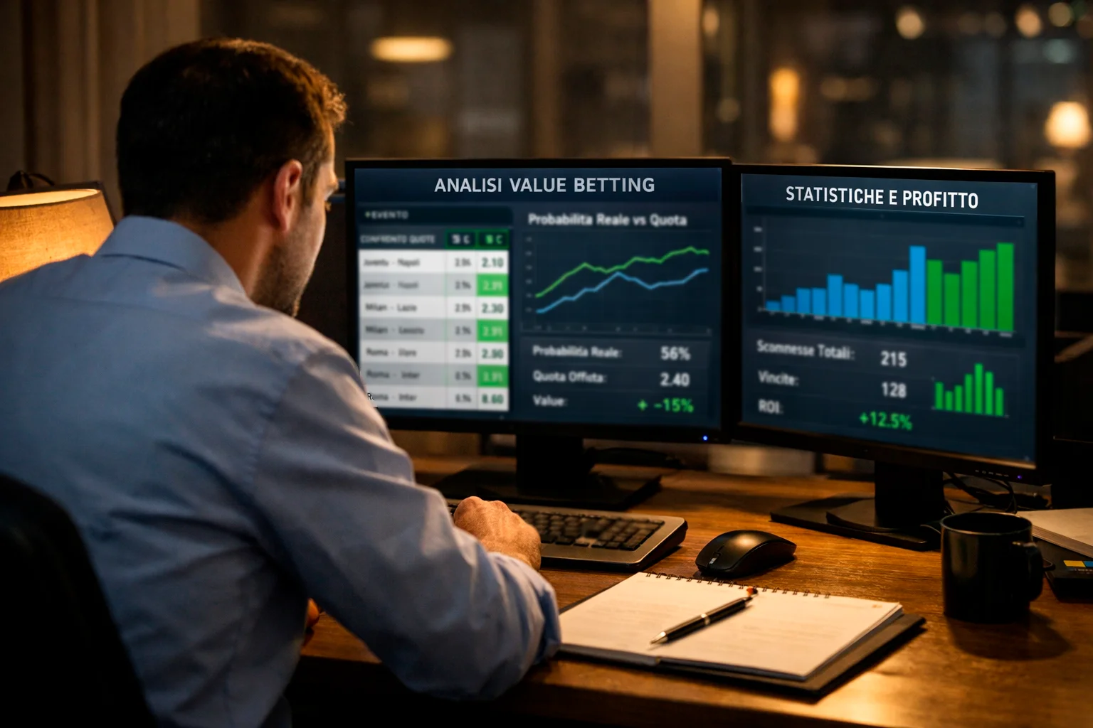 Professionista che analizza quote su monitor multipli